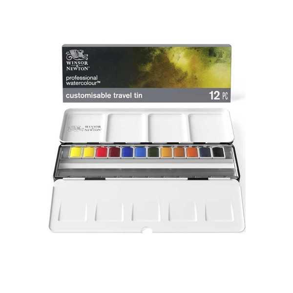 Winsor Newton caja metálica de viaje personalizable acuarela professional con 12 medios godets - capacidad 24 medios godets