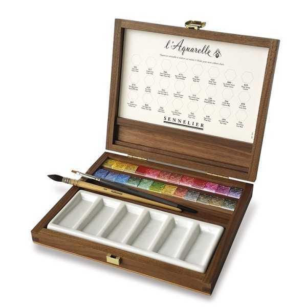 Acuarela Sennelier Caja madera 24 medias pastillas 2 pinceles