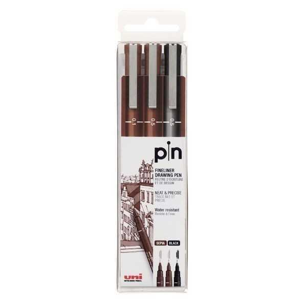 Set 3 Rotuladores Calibrados Uni PIN Sepias y Negro
