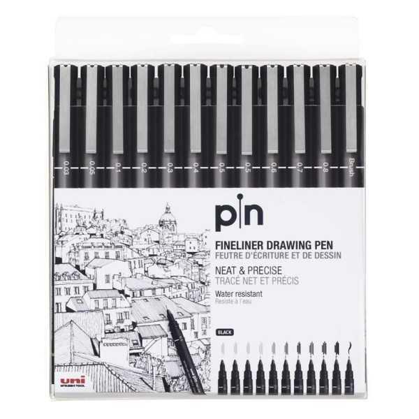Set 12 Rotuladores Calibrados UNIPIN. Negro
