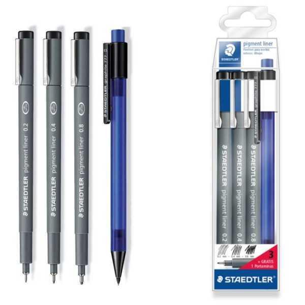 STAEDTLER Set 3 Rotuladores Calibrado Negro + Portaminas GRATIS