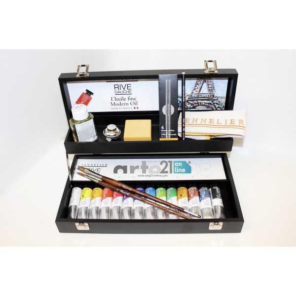 Caja de madera 14x40ml tubos óleo Rive Gauche + accesorios Sennelier