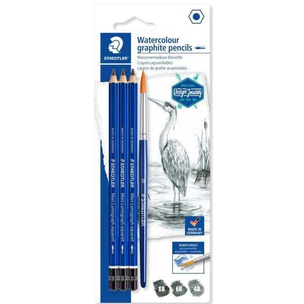 Set de 3 Lapices Staedler Lumograph Acuarelable + Pincel nº8
