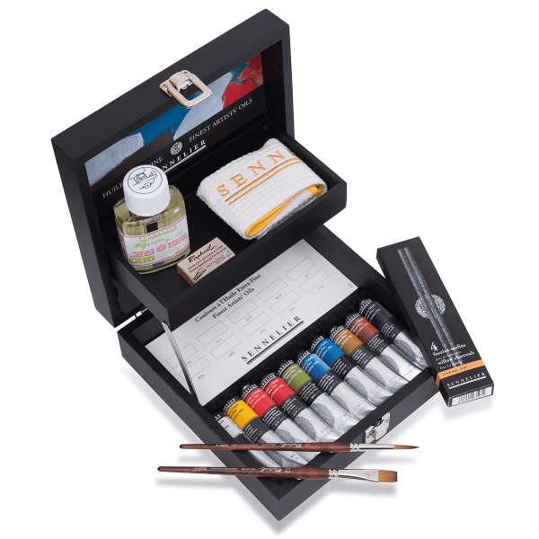 Caja Madera OLEO SENNELIER Extrafino. 10 Colores de 21ml. y Accesorios