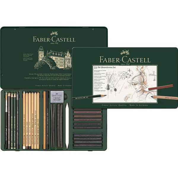 Estuche Metálico FABER CASTELL. Pitt Monochrome Surtido para Dibujo. 33 piezas