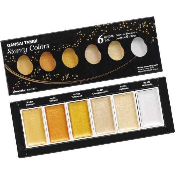 Set Acuarela Gansai Tambi Kuretake Tonos DORADOS 6 Colores