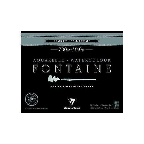 Clairrefontaine FONTAINE Papel Negro de Acuarela 100% algodón Encolado 1 lado 12 Hojas
