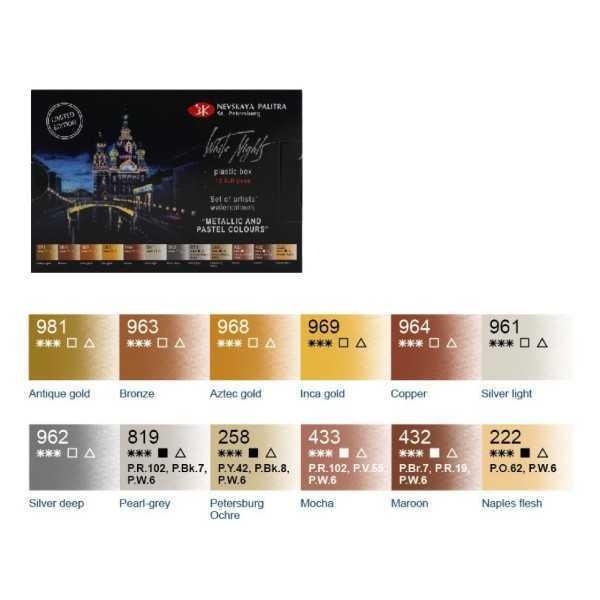 Acuarela White Nights Set 12 Godets METALICOS Y PASTELES