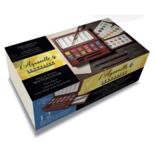 Sennelier Caja de Madera de Acuarela Extrafina 12 1/2 Pastillas y 2 Pinceles