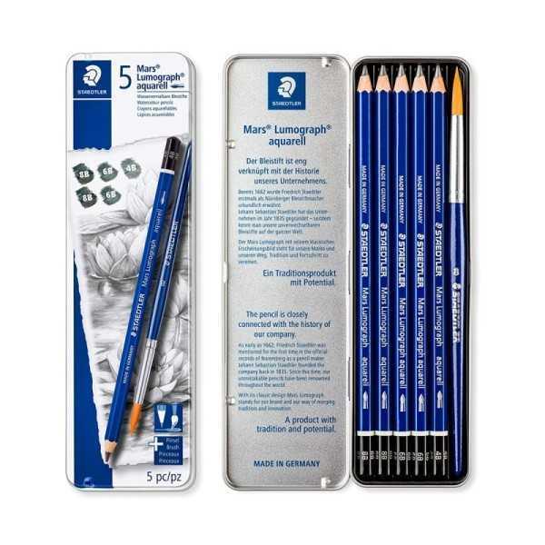 Set de 6 Lapices Staedler Lumograph Acuarelable + Pincel nº8