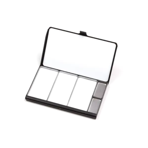 Caja Paleta de Bolsillo Art Toolkit NEGRA (92mm. x 64mm.) Inoxidable Imantada 3 Godets para Mezclas y 2 Standard