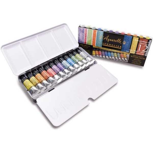 Caja Metálica Acuarela Sennelier 12 Tubos de 10ml. y Pincel - Colores Iridiscentes