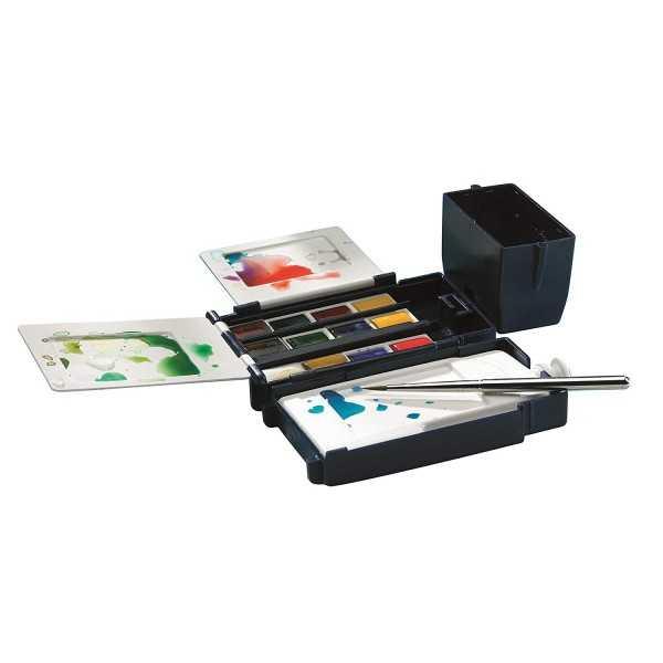 Winsor & Newton Cotman Set de Bolsillo Acuarela 12 Medios Godets con Pincel y Botella