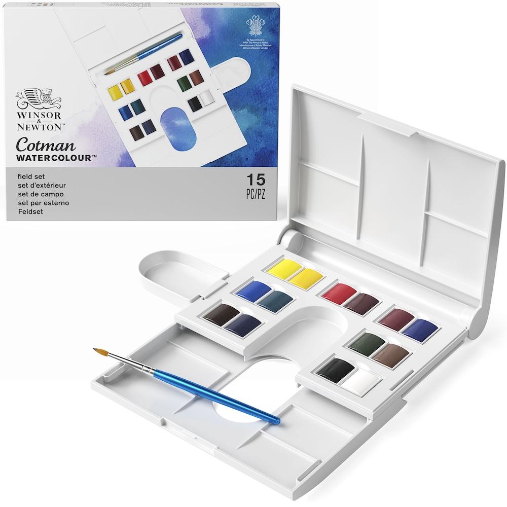 Winsor & Newton Cotman Field Set Acuarela 14 Medios Godets con Pincel