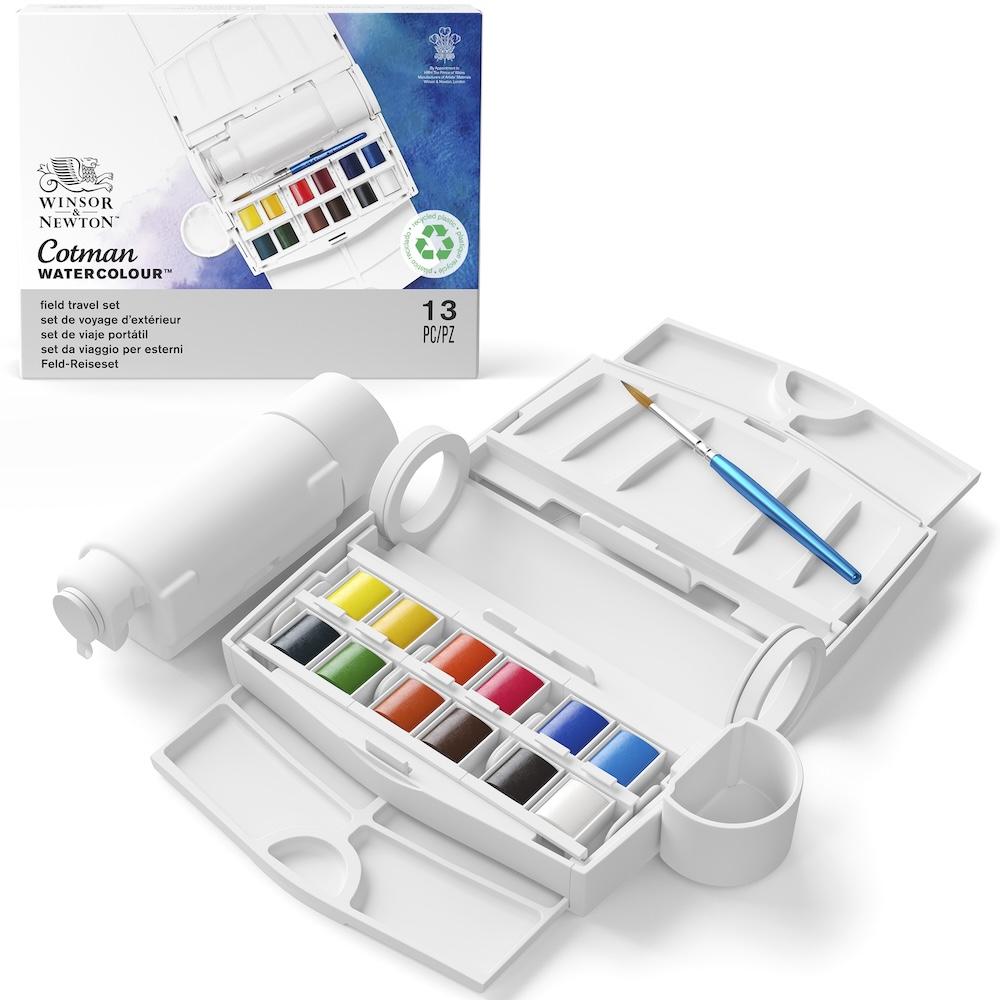 Winsor & Newton Cotman Caja de Campo Plus Acuarela 12 Medios Godets con Pincel y Botella