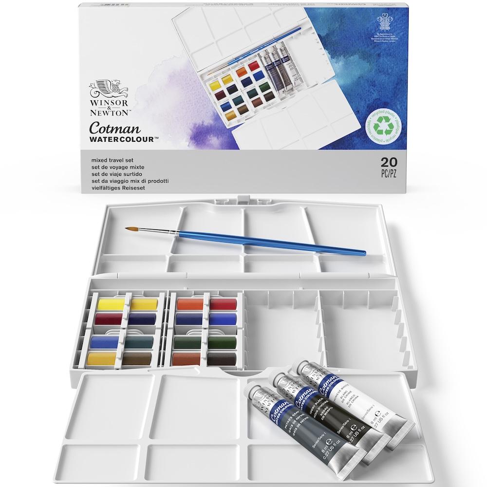 Winsor & Newton Cotman Painting Plus Set Acuarela 16 Medios Godets + 3 Tubos de 8 ml