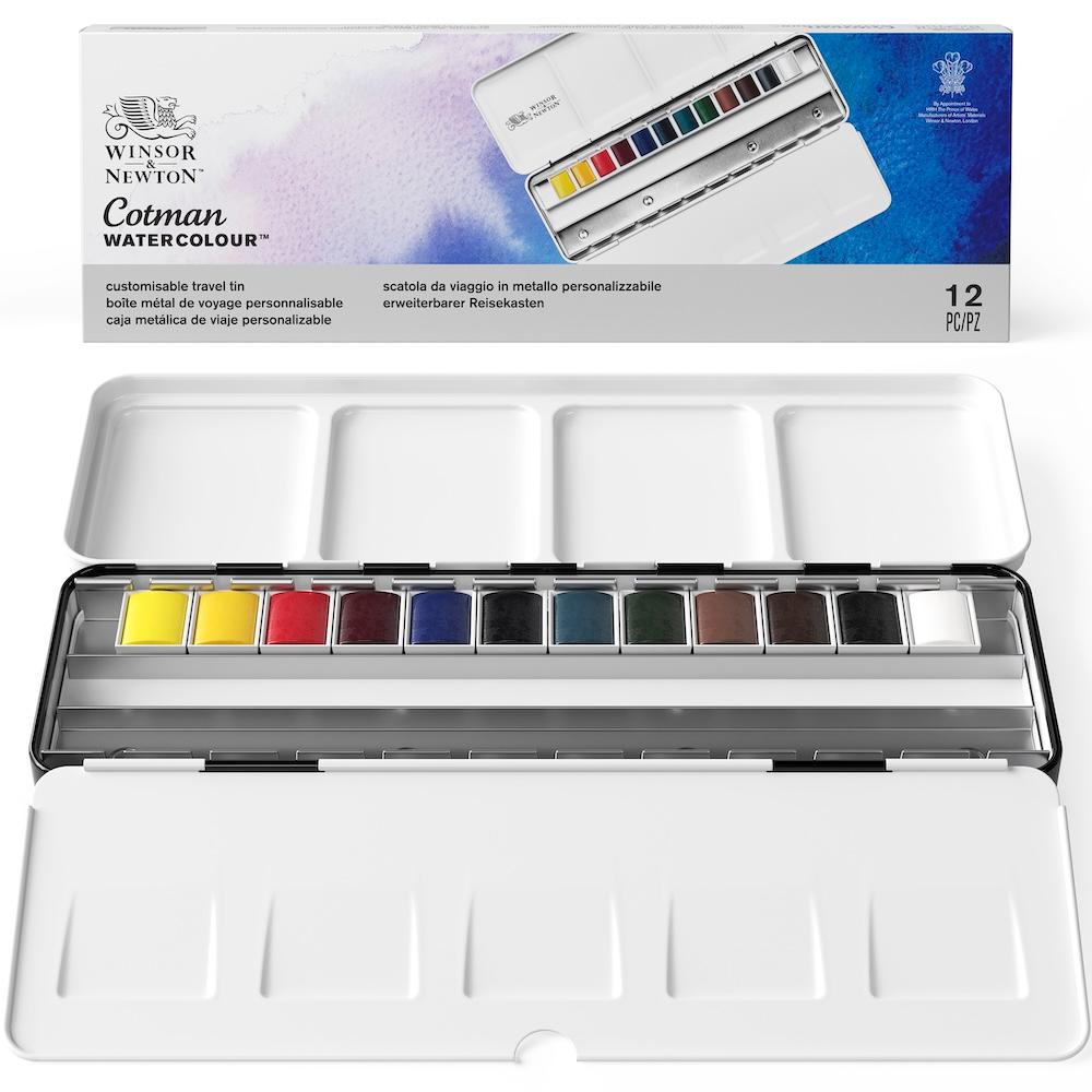 Winsor & Newton Cotman Blue Box Caja Metálica Acuarela 12 Medios Godets