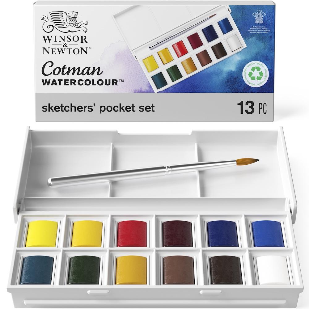 Winsor & Newton Cotman Sketcher Set de Bolsillo Acuarela 12 Medios Godets y Pincel