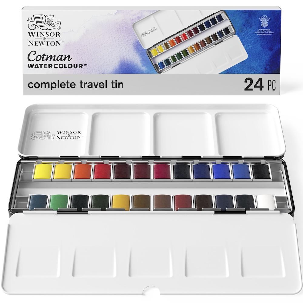Winsor & Newton Cotman Caja Metálica Acuarela 24 Medios Godets y Pincel