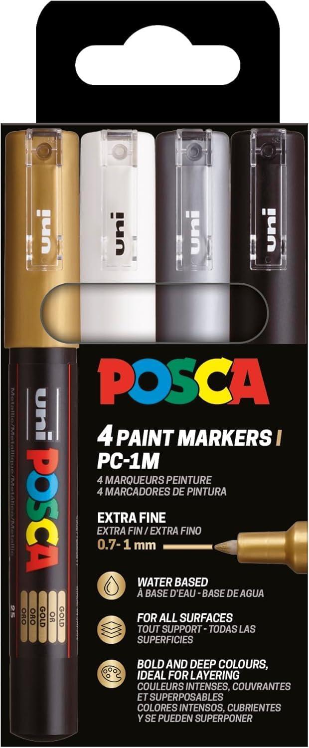 POSCA Set PC-1MC 4 rotuladores 0,7-1 mm Colores Oro, Plata, Blanco y Negro