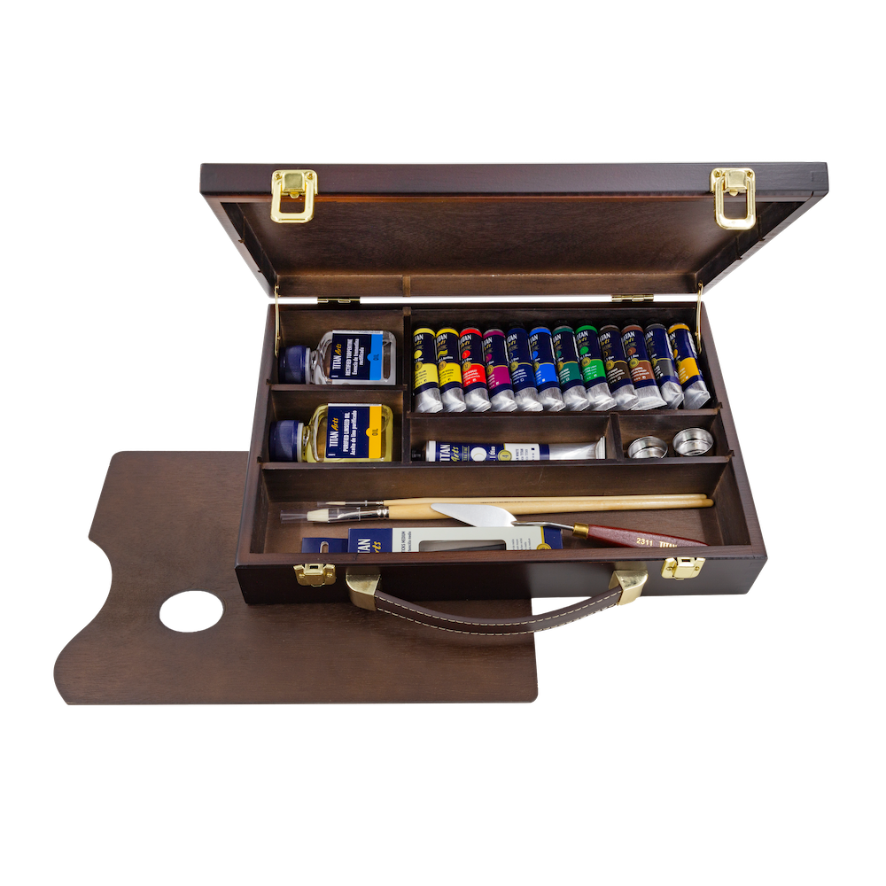 TITAN Arts Maletín de Pinturas al Óleo Extra Fino en Caja de Madera | 12 x 20 ml + 1 x 60 ml + Accesorios