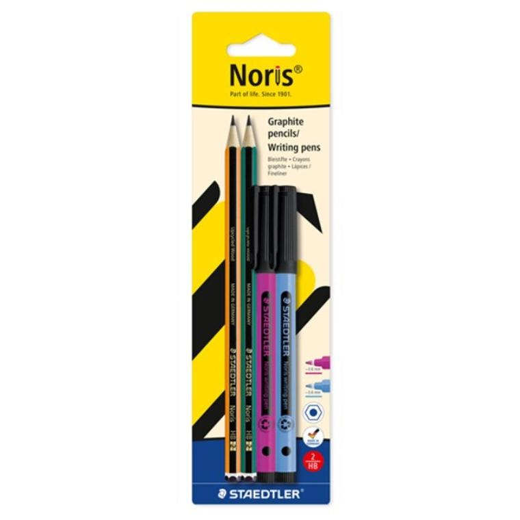 STAEDTLER Noris Set de Escritura con 2 Lápices HB y 2 Rotuladores Finos – Blíster de 4