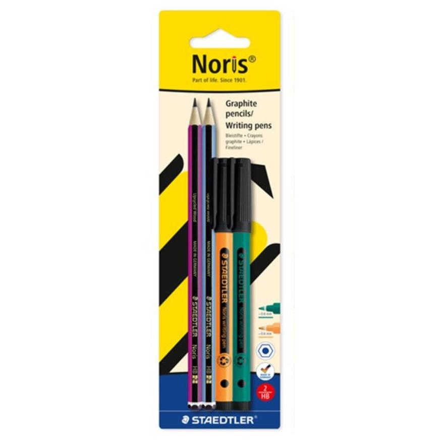 STAEDTLER Noris Set de Escritura con 2 Lápices HB y 2 Rotuladores Finos – Blíster de 4